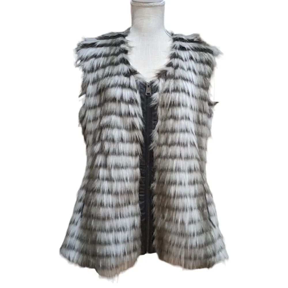 LIKE NEW VIA SPIGA Women's Faux Fur Zip Up Vest Faux Leather Trim Size L